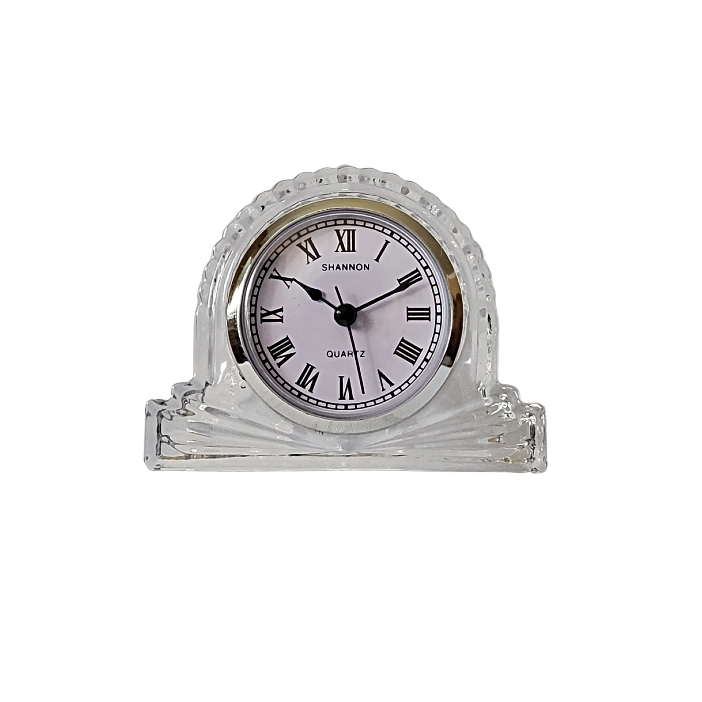  silver tone small crystal mantel clock with metal accents with a traditional white dial