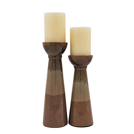 brown drip glazed pedestal style candle holder with candles, candles not included
