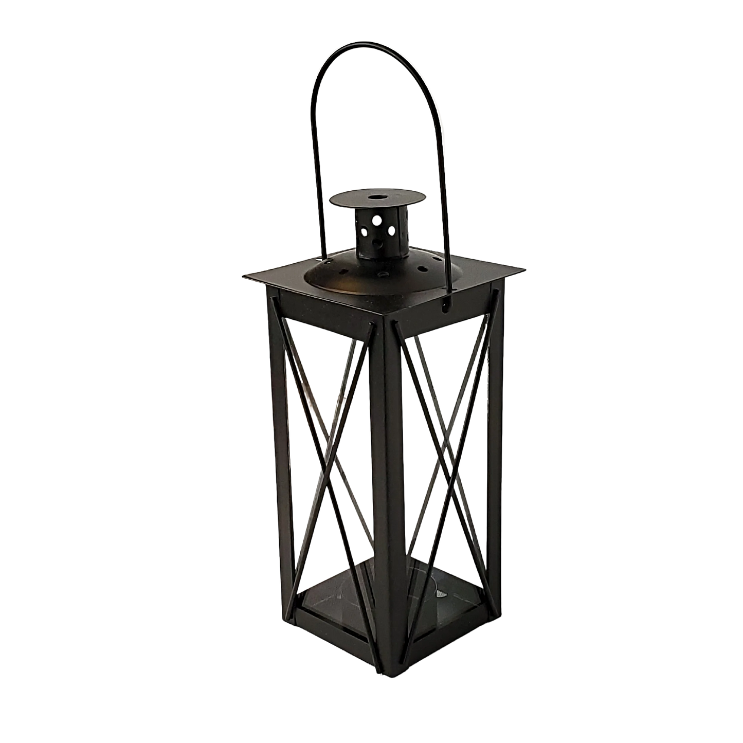 small black rectangular metal  and glass hanging lantern